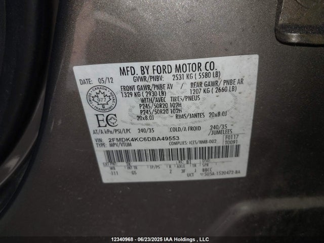 Продаж на аукціоні авто 2013 Ford Edge Limited, vin: 2FMDK4KC6DBA49553, номер лоту: 12340968