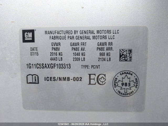 1G11C5SAXGF103313 Chevrolet lcv -sidi, dcvcp, vvt, dcvcp, e85 max, e0-e100, aluminum