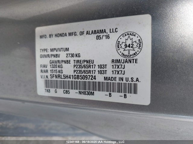 5FNRL5H41GB509724 Honda j35z8
