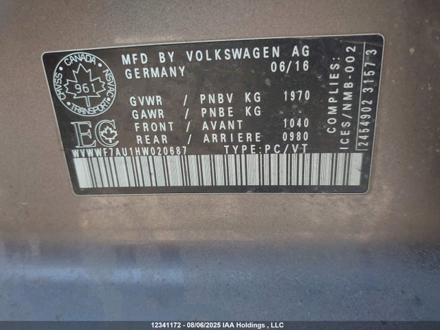 WVWWF7AU1HW020687 Volkswagen 2.0 tsi