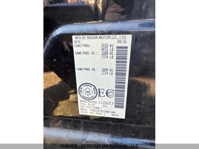1N4BZ0CP5GC310022 Nissan 2016