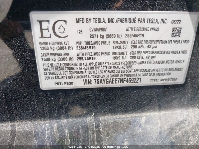 7SAYGAEE7NF469221 Tesla Model Y
