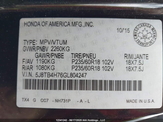 5J8TB4H76GL804247 Acura j35z2