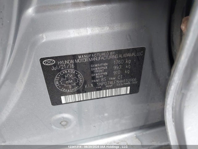5NPD74LF8HH110166 Hyundai Elantra