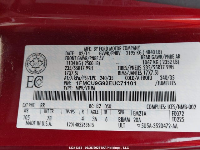 1FMCU9G92EUC71101 Ford 2014