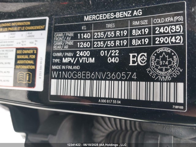 W1N0G8EB6NV360574 Mercedes-Benz m274