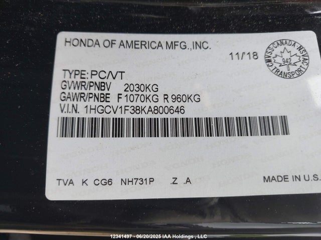 1HGCV1F38KA800646 Honda l15be