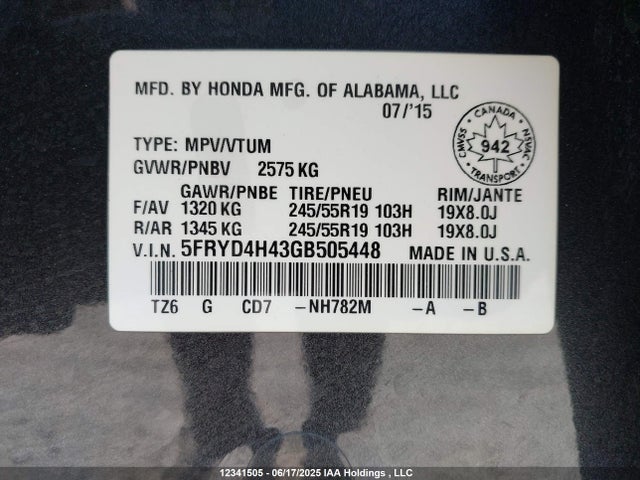 5FRYD4H43GB505448 Acura j35y5