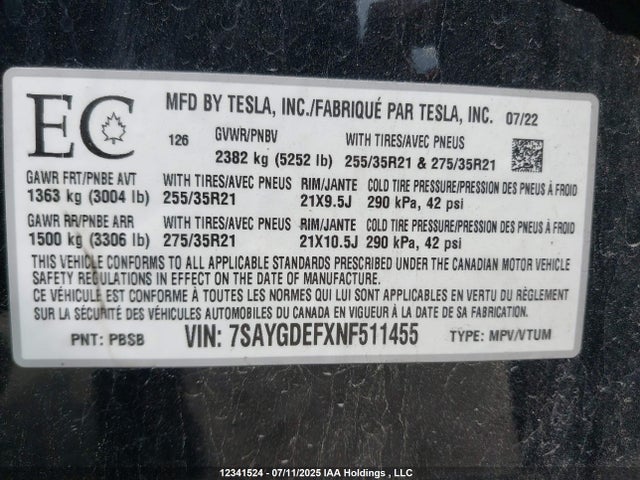 7SAYGDEFXNF511455 Tesla Model Y