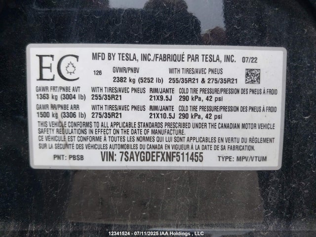 7SAYGDEFXNF511455 Tesla Model Y