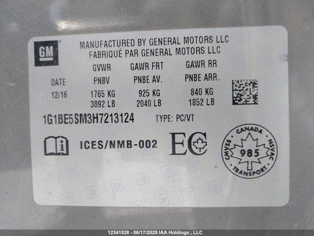 1G1BE5SM3H7213124 Chevrolet le2 -di: direct injection, vvt: variable valve timing, gen, alum
