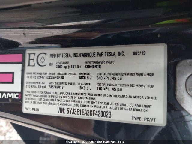 5YJ3E1EA3KF420023 Tesla MODEL 3