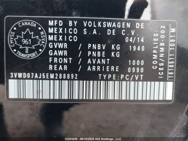 3VWD07AJ5EM288892 Volkswagen 2014