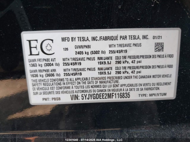 5YJYGDEE2MF116835 Tesla Model Y