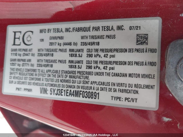 5YJ3E1EA4MF030891 Tesla 2021