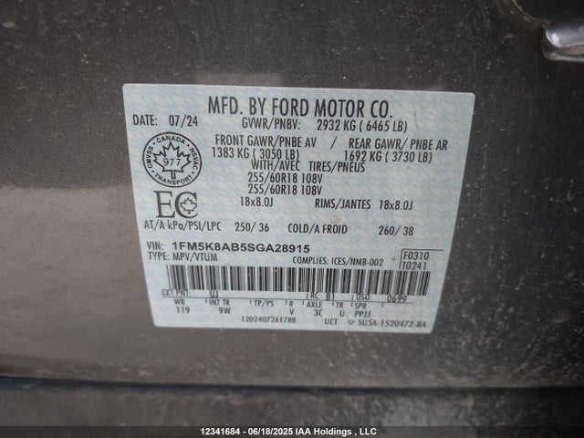 1FM5K8AB5SGA28915 Ford tivct