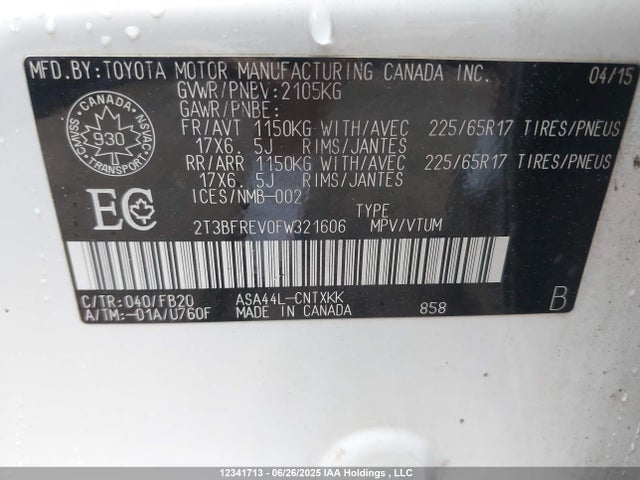 2T3BFREV0FW321606 Toyota 2ar-fe