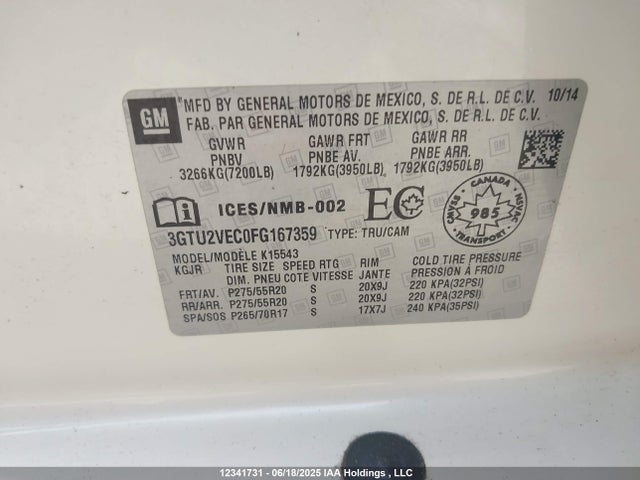 3GTU2VEC0FG167359 GMC l83 - vvt, active fuel management, aluminum