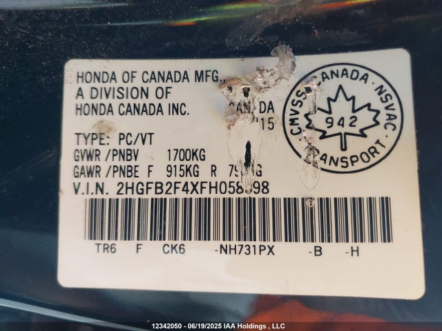 2HGFB2F4XFH058598 Honda r18z1