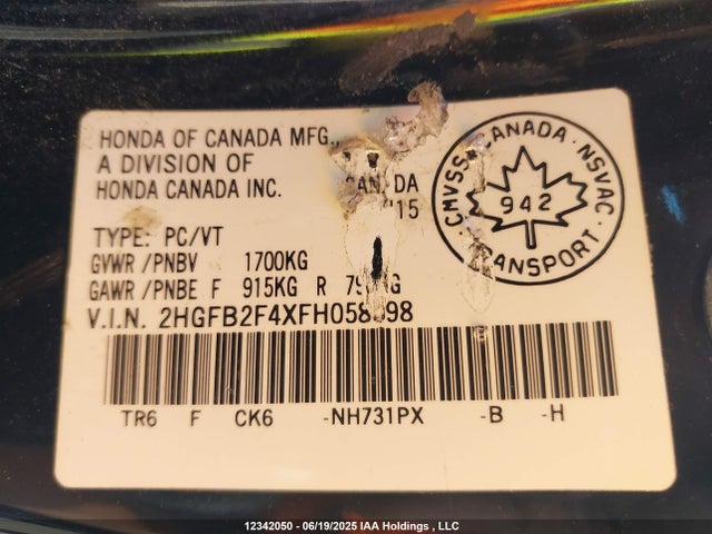 2HGFB2F4XFH058598 Honda r18z1