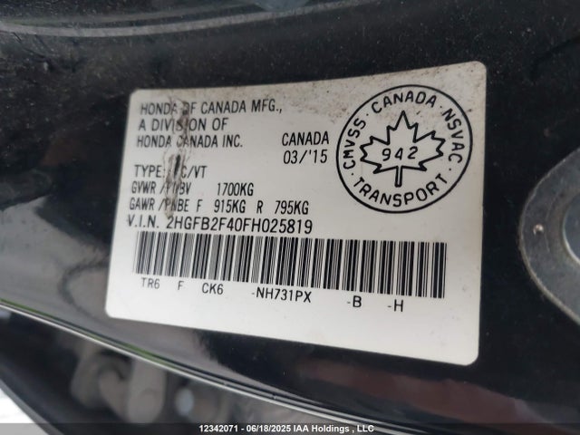 Honda r18z1 2015 2HGFB2F40FH025819 Image 9