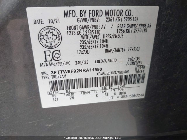 Ford ecoboost 2022 3FTTW8F92NRA11590 Image 9