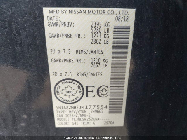 5N1AZ2MH7JN177554 Nissan Murano