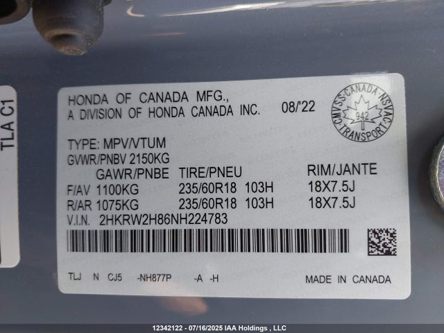 2HKRW2H86NH224783 Honda l15be