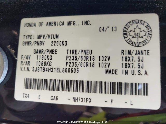 5J8TB4H31EL800505 Acura j35z2
