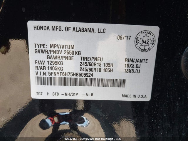 5FNYF6H75HB505924 Honda j35y6