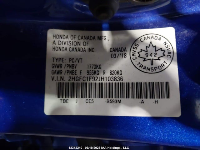 Honda l15b7 2018 2HGFC1F92JH103836 Image 9