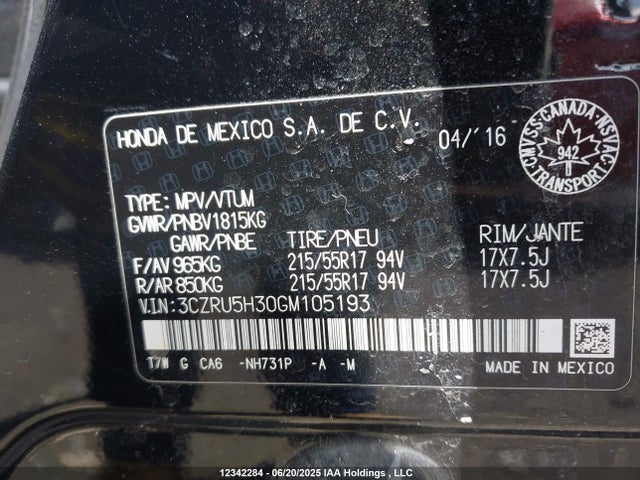 3CZRU5H30GM105193 Honda r18z9