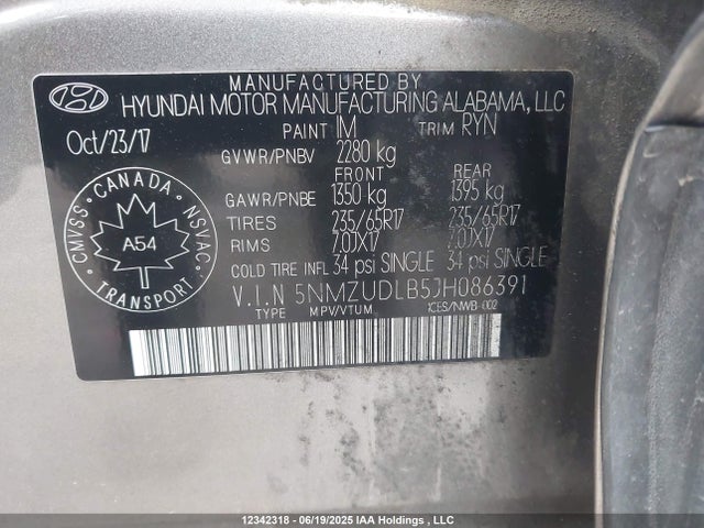 5NMZUDLB5JH086391 Hyundai gdi theta ii