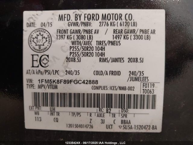 1FM5K8F89FGC42888 Ford Explorer Limited