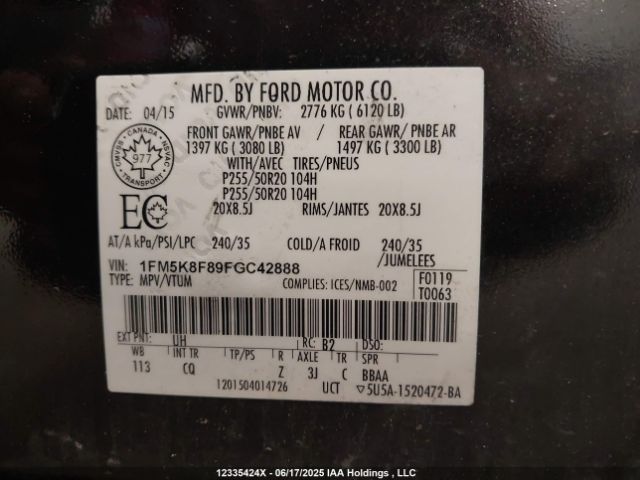 1FM5K8F89FGC42888 Ford Explorer Limited