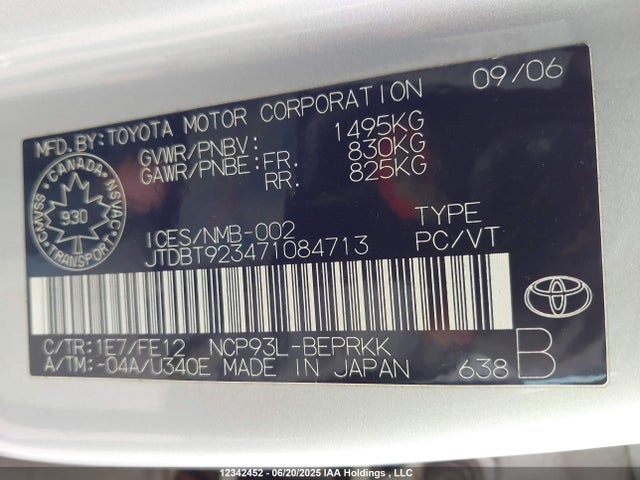 Продаж на аукціоні авто 2007 Toyota Yaris, vin: JTDBT923471084713, номер лоту: 12342452