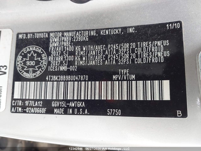 12342546 :رقم المزاد ، 4T3BK3BB9BU047870 vin ، 2011 Toyota Venza Base V6 مزاد بيع