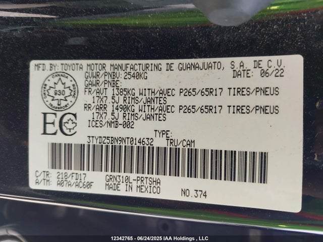 3TYDZ5BN9NT014632 Toyota 2gr-fks