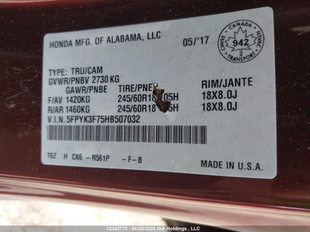 5FPYK3F75HB507032 Honda j35y6