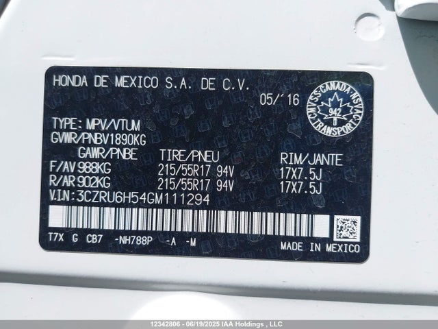 3CZRU6H54GM111294 Honda r18z9