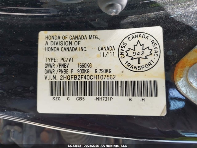 12342862 :رقم المزاد ، 2HGFB2F40CH107562 vin ، 2012 Honda Civic Lx مزاد بيع