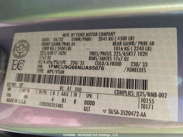 1FMCU9G66NUA95076 Ford dragon di tc