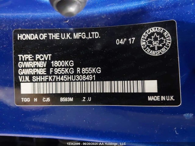 SHHFK7H45HU308491 Honda l15ba