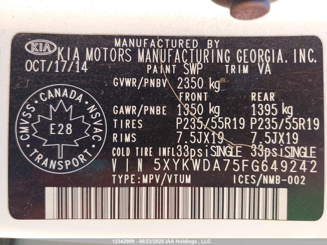 5XYKWDA75FG649242 KIA gasoline 3.3 v6 gdi lambda ii