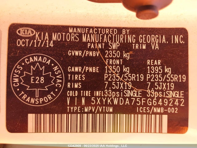 5XYKWDA75FG649242 KIA gasoline 3.3 v6 gdi lambda ii