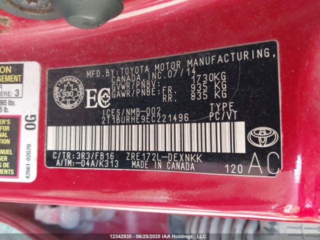 2T1BURHE9EC221496 Toyota 2zr-fe