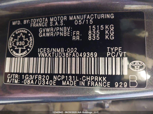 Toyota 1nz-fe 2015 VNKKTUD38FA049369 Image 9