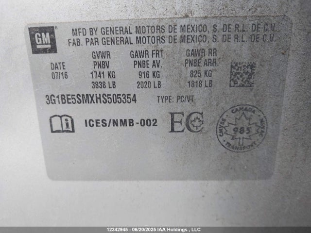 3G1BE5SMXHS505354 Chevrolet le2 -di: direct injection, vvt: variable valve timing, gen, alum
