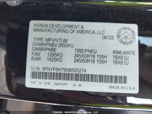 Honda j35y6 2022 5FNYF6H79NB505274 Image 9