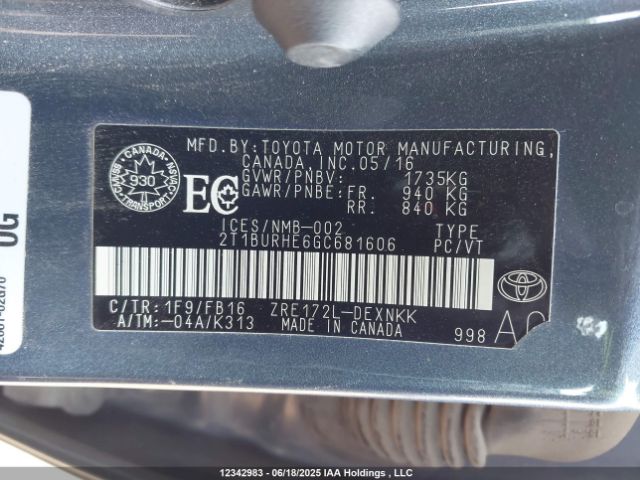 2T1BURHE6GC681606 Toyota 2zr-fe